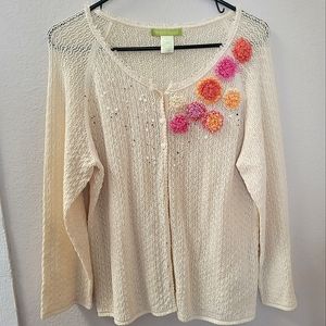 Vintage fun and quirky knit Sigrid Olsen cardigan with floral accents